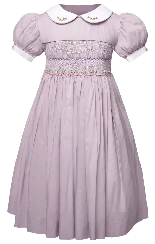 Alice lavander color embroided smocked Bishop collar dress