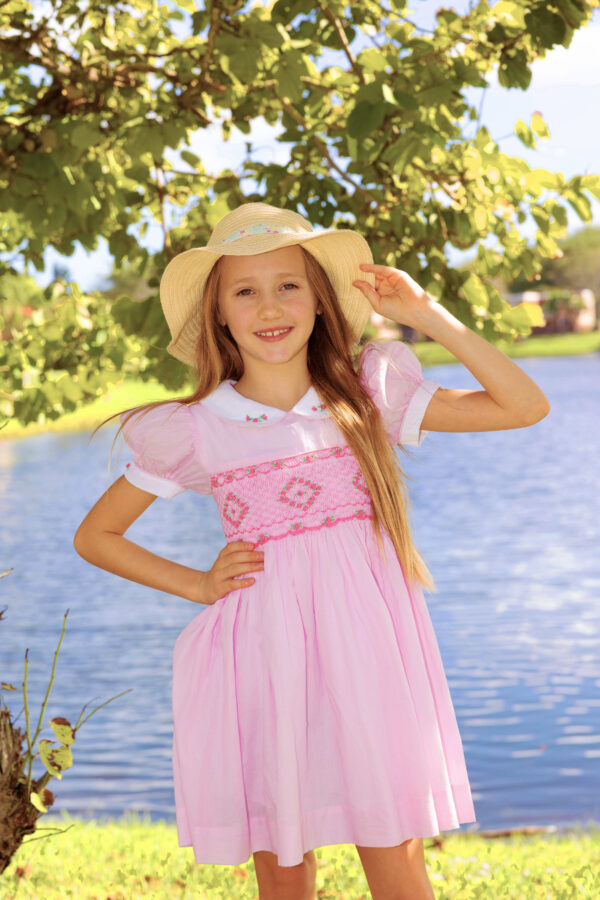 Sophia pink embroided  smocked Bishop collar dress - Image 3