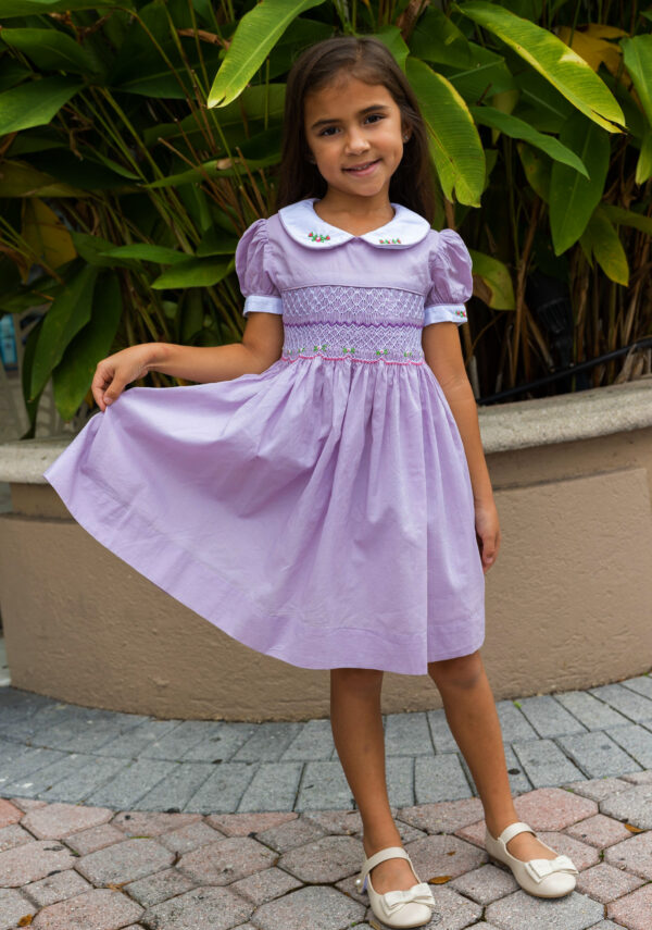 Alice lavander color embroided smocked Bishop collar dress - Image 3