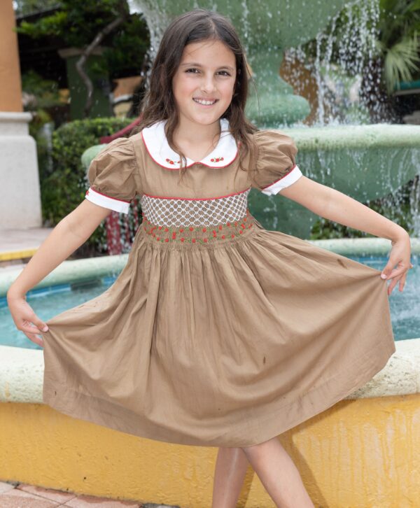 Daisy café au lait embroided smocked Bishop collar dress - Image 3