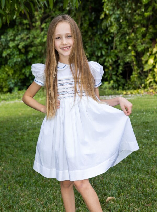 Matilda white embroided smocked Bishop collar dress - Image 3