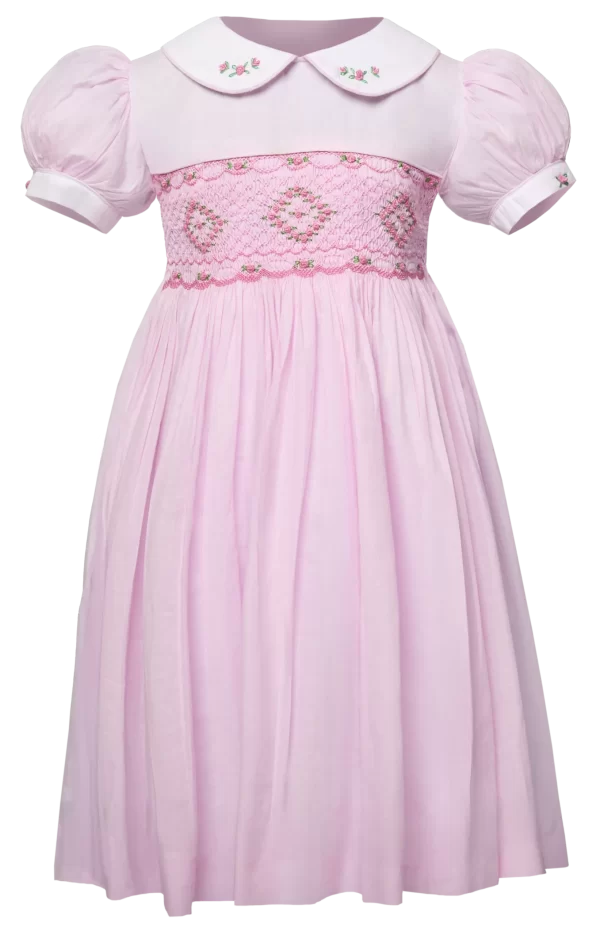 Sophia pink embroided  smocked Bishop collar dress