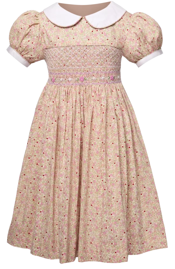 Emma pink, yellow and green spring flower bouquest smocked Bishop collar dress