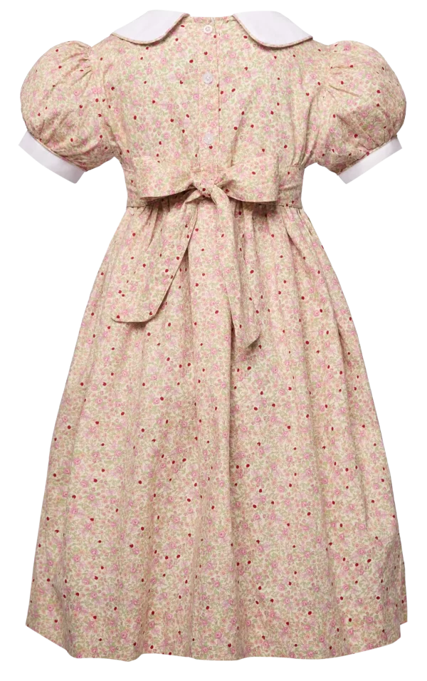Emma pink, yellow and green spring flower bouquest smocked Bishop collar dress - Image 2
