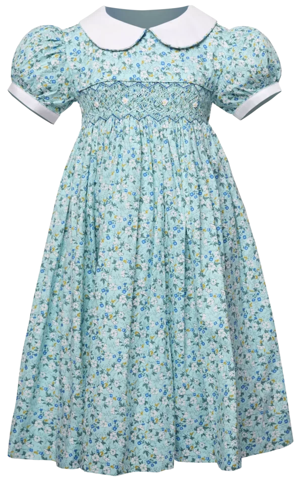 Charlotte Turquoise and white spring flower smocked Bishop collar dress