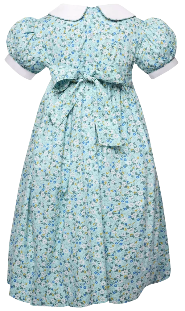 Charlotte Turquoise and white spring flower smocked Bishop collar dress - Image 2