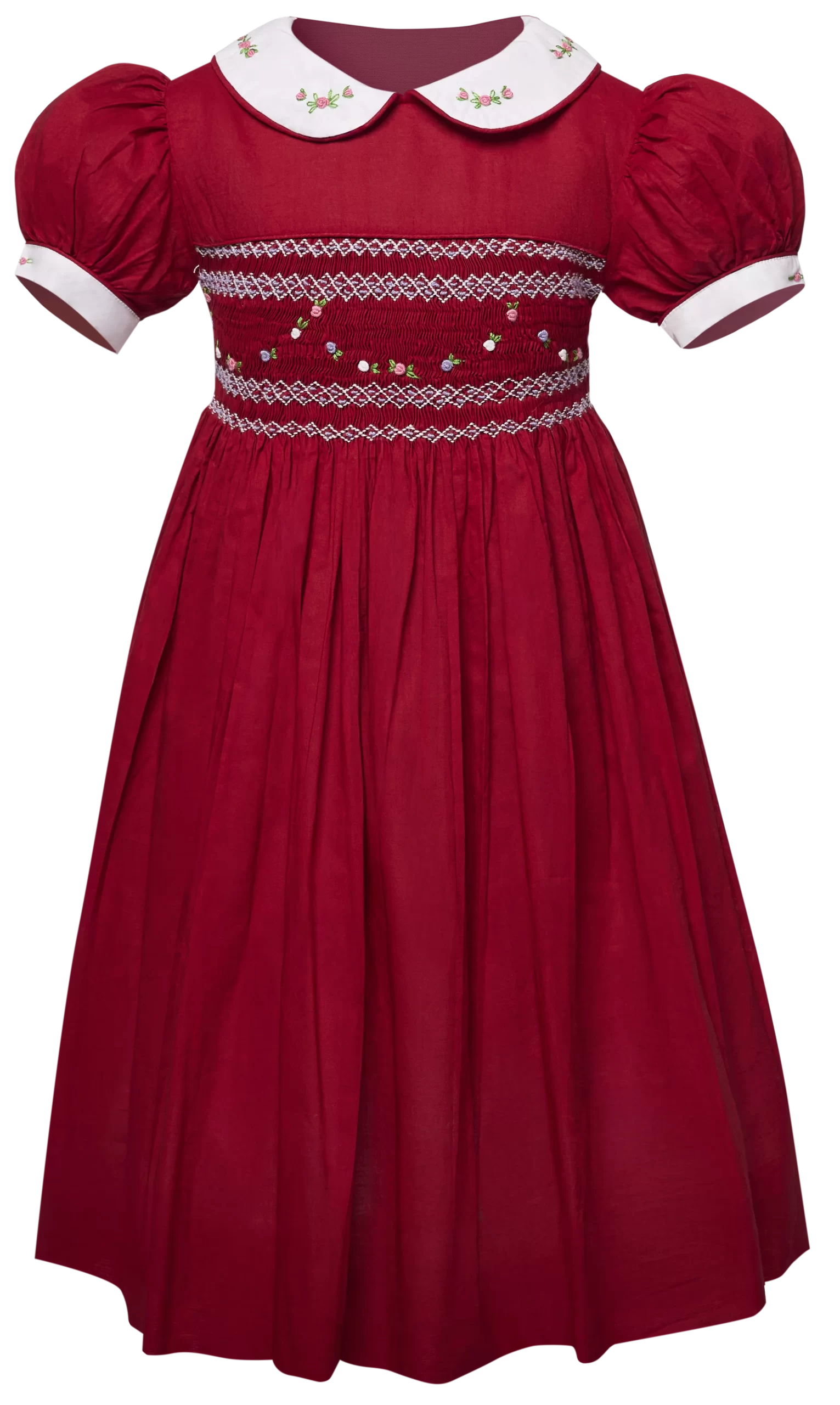 Scarlet crimson embroided smoked Bishop collar dress