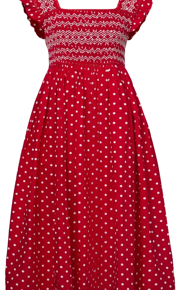 Charlotte smocked square neck red dotted dress - 6Y