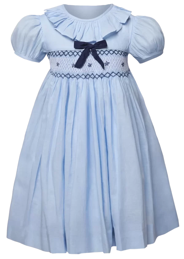 Joy blue smocked frilled round collar dress