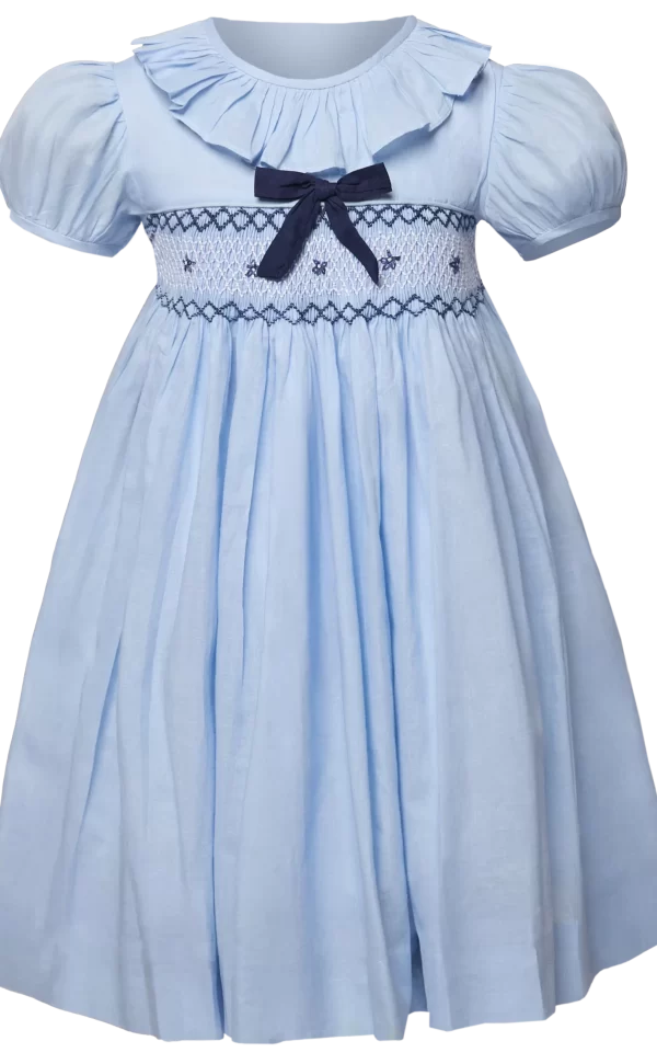 Joy blue smocked frilled round collar dress - 5-6Y