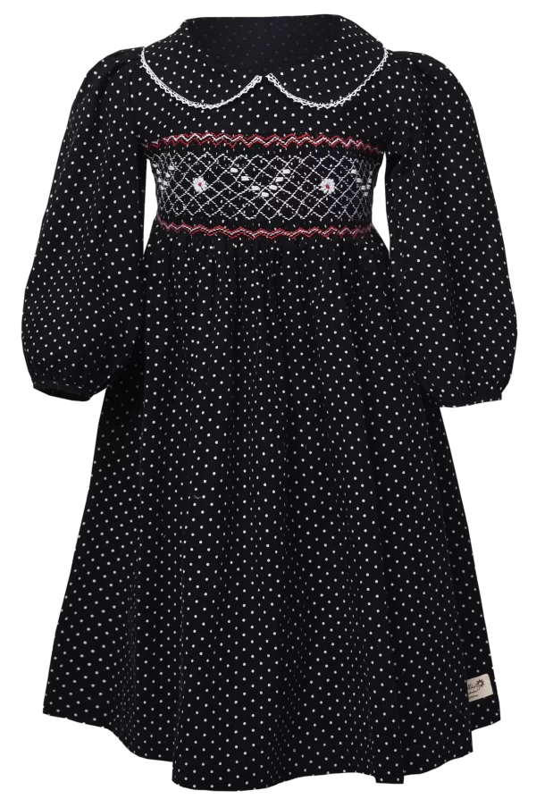 Pearl long sleeve black dottted  smocked dress
